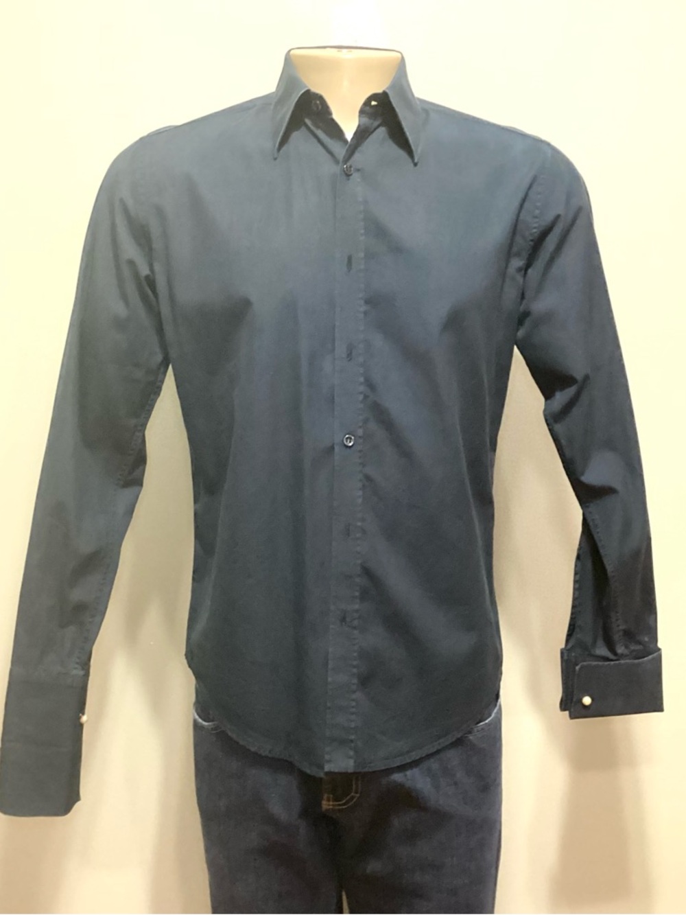 Yves Saint Black Dress Shirt w French cuffs. Pearl cuff links are included.